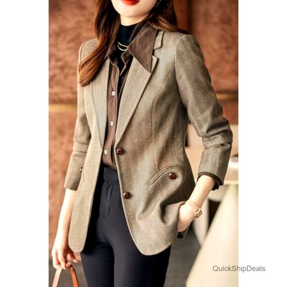 Wool Blend Blazer Notched Lapel Slim Fit Herringbone Pattern Single Breasted - Picture 3 of 6